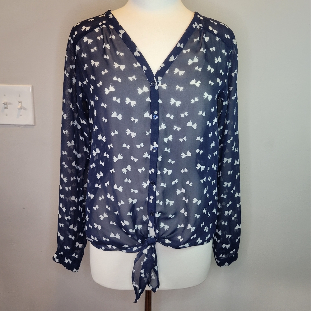 The Limited Bow-Tie Long Sleeve Button Up Shirt, Navy and White
